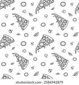 black white slice of pizza seamless pattern. pizza slice with salami,mushrooms, basil leaf and melted cheese for pizzeria package and menu designs