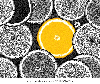 Black and white slices of oranges and one brightly juicy orange among them, drawing by hand