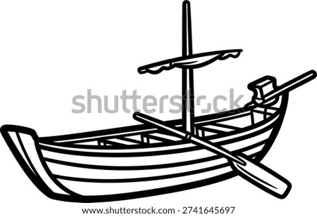 Black and white of a small boat with a single mast and oar