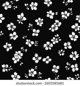 Black and white small floral pattern, watercolor flower seamless pattern. Watercolor print in rustic vintage style, textile or wallpaper.  