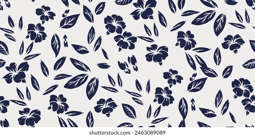 Black and white small flowers, tiny leaves, buds scattered randomly in a seamless pattern. Abstract bi-color plain silhouettes floral printing. Vector hand drawing. Nature ornament for textile, fabric