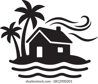 Black and white of a small house on a tropical island with two palm trees and wind blowing over the roof on a white background