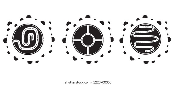 Black and white small planets sets with a different roads and clouds around. Concept of transportation and travel. Different ways to move. Vector illustration.