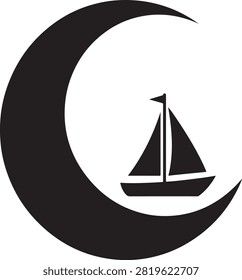 Black and white of a small sailboat floating inside a large crescent moon shape, isolated on a clean white background