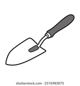 black and white small shovel image, left facing, simple vector