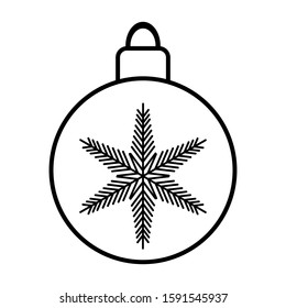 Black and white small simple linear icon of a beautiful festive New Year Christmas ball with a snowflake, Christmas toy on a white background. Vector illustration.