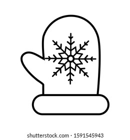 Black and white small simple linear icon of a beautiful festive New Year Christmas mittens with snowflake on a white background. Vector illustration.