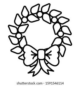 Black and white small simple linear icon of a beautiful festive New Year Christmas decoration for home, Christmas wreath isolated on a white background. Vector illustration.