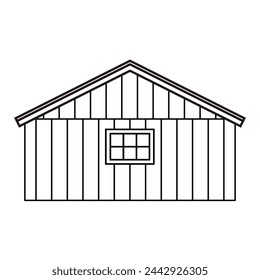 Black white small simple monochrome line wooden barn. Isolated vector illustration on white background for coloring book