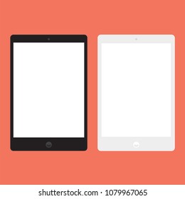 Black and white smart digital tablet with white screen icon in flat style design, isolated on orange background,vector eps10