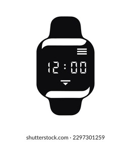 A black and white smart watch with a digital display showing the time 12:00, smartwatch vector icon for marketing, web and apps, trendy device illustration, women's accessory