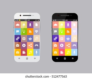 Black and white smartphone with apps, flat design, stock vector