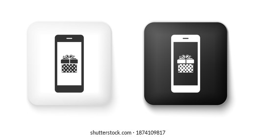 Schwarz-Weiß Smartphone mit Geschenkbox und Herzsymbol auf dem Bildschirm Symbol einzeln auf weißem Hintergrund. Valentinstag-Symbol. Der Online-Shop, E-Shopping. Knopf Quadrat. Vektorgrafik.