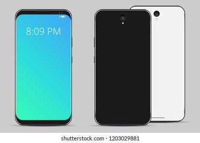 Black and white smartphone in modern style. Phone mockup. Front and back view of cellphone.