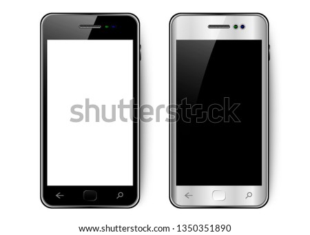 Black and white smartphone with shadow and glare, mobile phone with blank screen, vector illustration