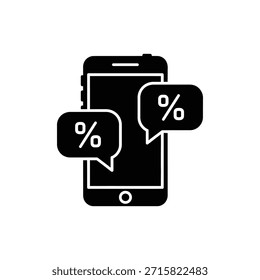 Smartphone blanco y negro con burbujas de discurso que muestran ofertas de descuento