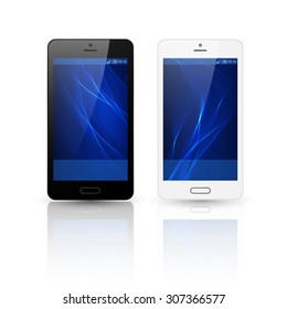 Black and white smartphone template with blue wavy background
