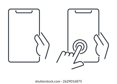 Black and white smartphone touch screen. Hand pointer symbol. Flat design style. Set of vector linear icons illustration isolated on white background.