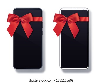 Black And White Smartphones With Bow Isolated On White Background. Cell Phone Gift Design. Mobile Phone Template. Vector Illustration