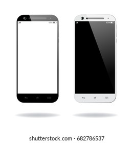 Black and white smartphones isolated. Mobile smart phone with blank screen. Cell phone mockup design. Vector illustration.