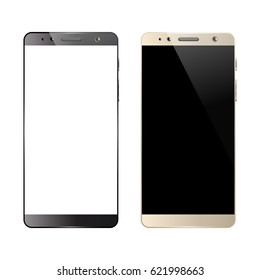 Black and white smartphones isolated on white background. Mobile smart phone with blank screen. Cell phone mockup design. Vector illustration.