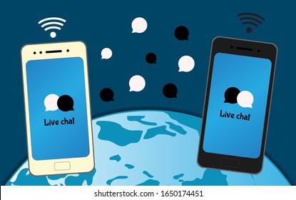 Black and white smartphones with live chat icons and wifi symbol on the planet Earth background. People from all over the world chat via cellphone concept. Social networks global communication.