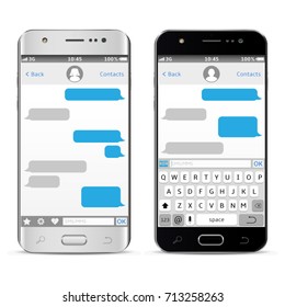 Black and white smartphones with messaging sms app. Social network concept. Chating and messaging concept. Vector illustration.