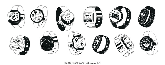 Black And White Smartwatches With A Range Of Smart Features, Including Fitness Tracking, Notifications, Vector Icons Set