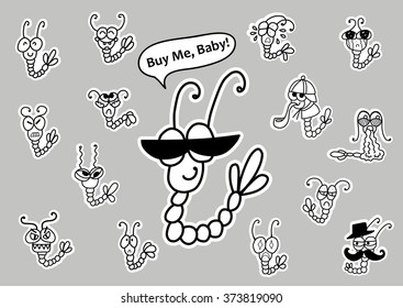 Black and white smiley shrimp. Set of stickers, icon. Friendly, happy, mad, brave, embarrassed, jealous, disappointed, silly, excited, curious, sensitive, uncomfortable, hurt, detective shrimps.