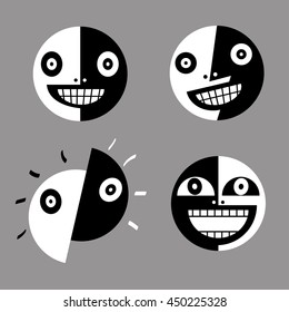 black and white smileys. Funny black and white face. Minimalist cartoon characters