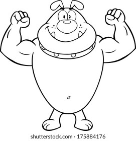 Black And White Smiling Bulldog Cartoon Mascot Character Showing Muscle Arms. Vector Illustration Isolated on white