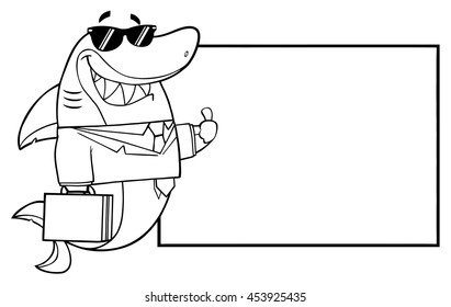 Black And White Smiling Business Shark Cartoon Mascot Character In Suit, Carrying A Briefcase And Holding A Thumb Up To Blank Board. Vector Illustration Isolated On White Background
