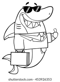 Black And White Smiling Business Shark Cartoon Mascot Character In Suit, Carrying A Briefcase And Holding A Thumb Up. Vector Illustration Isolated On White Background