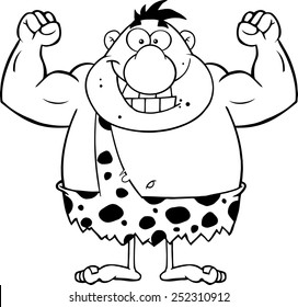 Black And White Smiling Caveman Cartoon Character Flexing.Vector Illustration Isolated On White