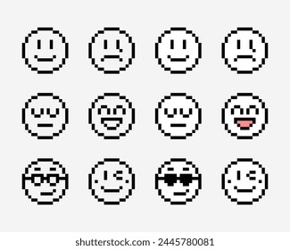 Black and white smiling, crying, sleeping, cool, laughing, winking face sticker. Emoji, emoticon outline pixel art isolated element. 