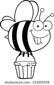 Black and White Smiling Cute Bee Flying With A Honey Bucket