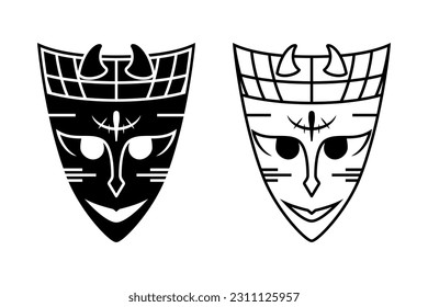 black and white smiling devil woman mask with horns illustration. line art and silhouette style. used for mascot logo, decoration, print and t-shirt design