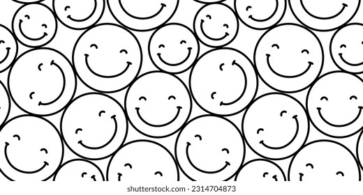 Black and white smiling face cartoon doodle seamless pattern. Funny retro smile faces background illustration. Vintage character wallpaper, fun monochrome texture print.