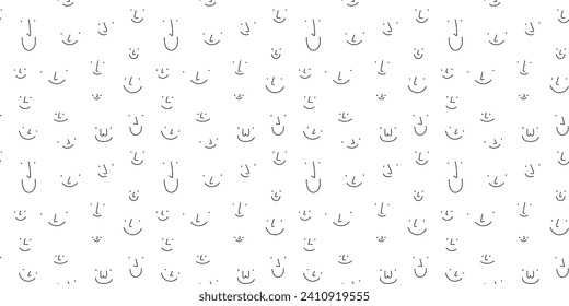 Black and white smiling face cartoon doodle seamless pattern. Funny retro smile faces background illustration. Vintage character wallpaper, fun monochrome texture print.	