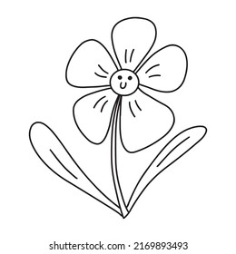 Black and white smiling face daisy chamomile flower doodle. Outline single simple vector design element isolated on white background. cute y2k 90s hippie clip art
