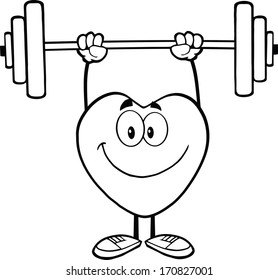 Black And White Smiling Heart Cartoon Mascot Character Lifting Weights. Vector Illustration Isolated on white