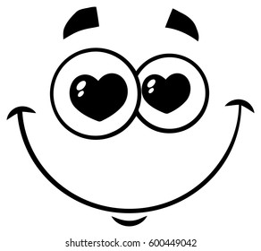 Black And White Smiling Love Cartoon Funny Face With Hearts Eyes Expression. Vector Illustration Isolated On White Background