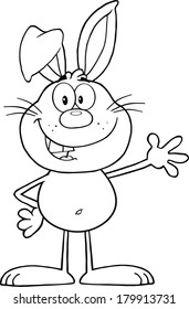 Black And White Smiling Rabbit Cartoon Character Waving For Greeting. Vector Illustration Isolated on white