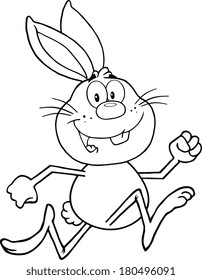 Black And White Smiling Rabbit Cartoon Character Running. Vector Illustration Isolated on white