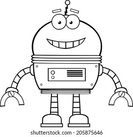 Black And White Smiling Robot Cartoon Character. Vector Illustration Isolated on white