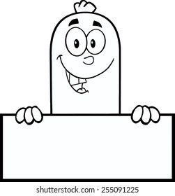 Black And White Smiling Sausage Cartoon Character Over A Blank Sign. Vector Illustration Isolated On White