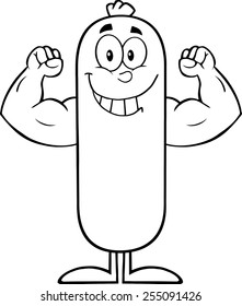 Black And White Smiling Sausage Cartoon Character Flexing. Vector Illustration Isolated On White