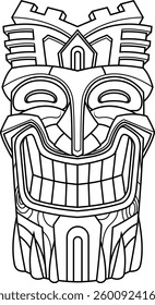Black And White Smiling Tiki Mask with Castle Elements and Tribal Carvings. Hawaiian Polynesian Totem Art. Vector Hand Drawn Illustration Isolated On Transparent Background