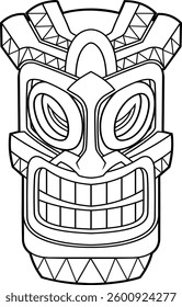 Black And White Smiling Tiki Mask with Ornamental Carvings and Vibrant Colors. Hawaiian Polynesian Totem Art. Vector Hand Drawn Illustration Isolated On Transparent Background