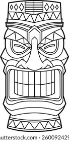 Black And White Smiling Tiki Mask with Intricate Carvings and Tribal Details. Hawaiian Polynesian Totem Art. Vector Hand Drawn Illustration Isolated On Transparent Background
